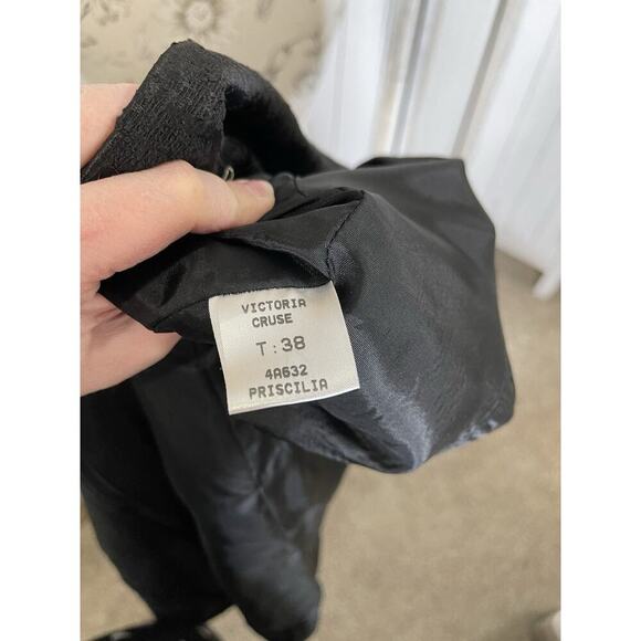 Vintage Black Jacquard Coat Jacket Faux Fur Trim Y2K Goth Whimsigoth Small - Picture 4 of 10